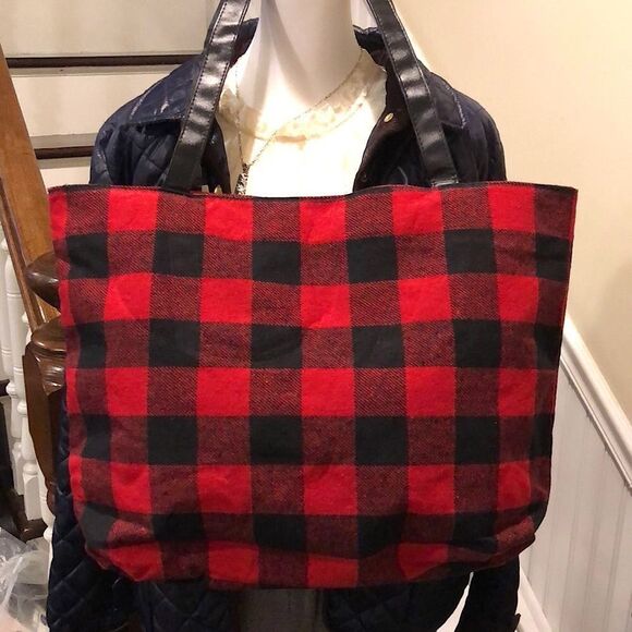 RED BLACK BUFFALO PLAID Flannel Christmas Holiday Tote Bag With Zipper Closure - Picture 8 of 8